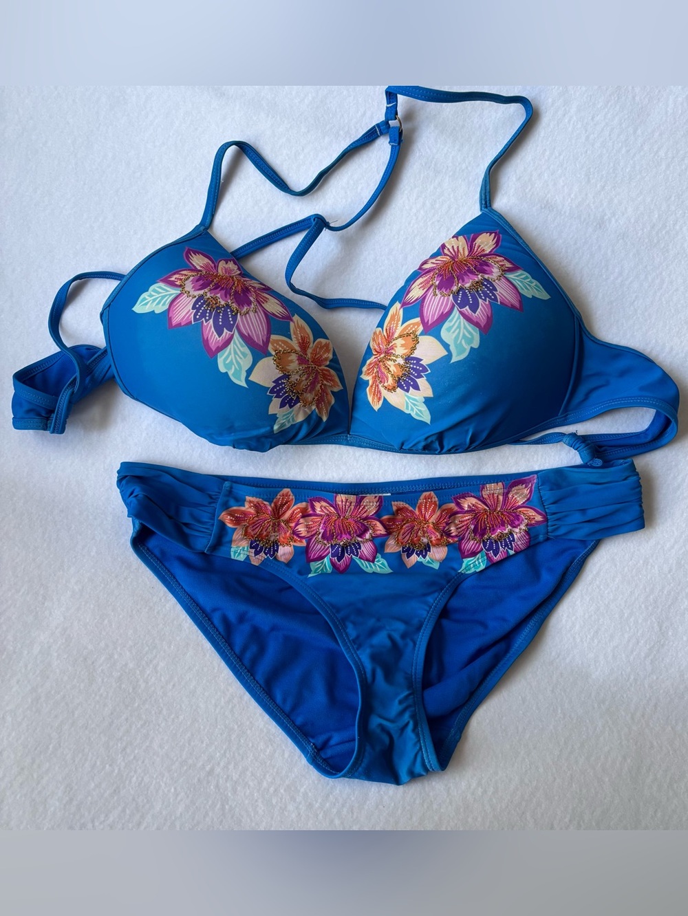 Time and Tru Peony Blast Embroidered Push Up Bikini Set Blue Floral Size XL
